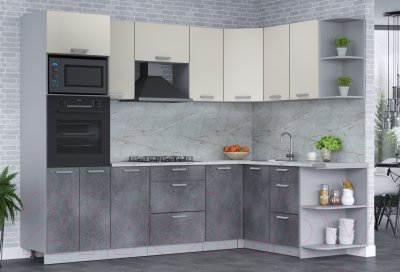 Кухонный гарнитур Интерлиния Мила Лайт 1.68x2.6 правая (персидский жемчуг/бетон портленд/серый каспий)