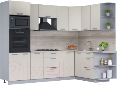 Кухонный гарнитур Интерлиния Мила Лайт 1.68x2.6 правая (персидский жемчуг/персидский жемчуг/травертин серый) - фото
