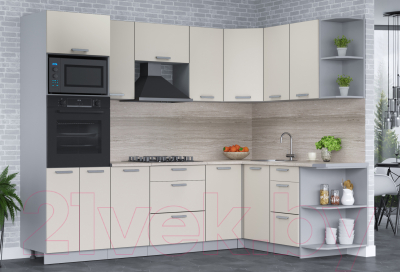 Кухонный гарнитур Интерлиния Мила Лайт 1.68x2.6 правая (персидский жемчуг/персидский жемчуг/травертин серый)