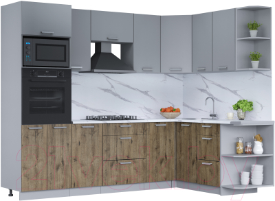 Кухонный гарнитур Интерлиния Мила Лайт 1.68x2.6 правая (серебро/дуб веллингтон/белый гранит) - фото