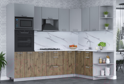 Кухонный гарнитур Интерлиния Мила Лайт 1.68x2.6 правая (серебро/дуб веллингтон/белый гранит)