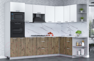 Кухонный гарнитур Интерлиния Мила Лайт 1.68x2.8 правая (белый платинум/дуб веллингтон/белый гранит)