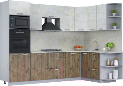 Кухонный гарнитур Интерлиния Мила Лайт 1.68x2.8 правая (бетон лайт/дуб веллингтон/опал светлый) - фото