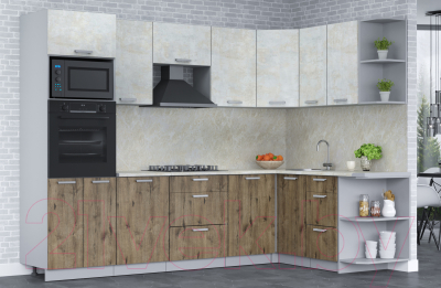 Кухонный гарнитур Интерлиния Мила Лайт 1.68x2.8 правая (бетон лайт/дуб веллингтон/опал светлый)