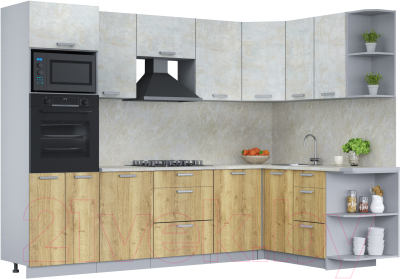 Кухонный гарнитур Интерлиния Мила Лайт 1.68x2.8 правая (бетон лайт/дуб золотой/опал светлый) - фото