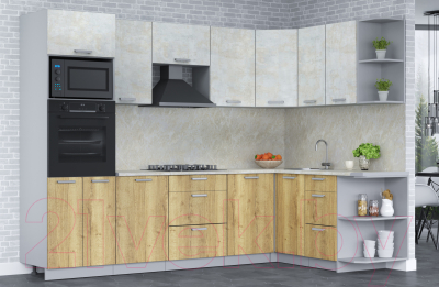 Кухонный гарнитур Интерлиния Мила Лайт 1.68x2.8 правая (бетон лайт/дуб золотой/опал светлый)