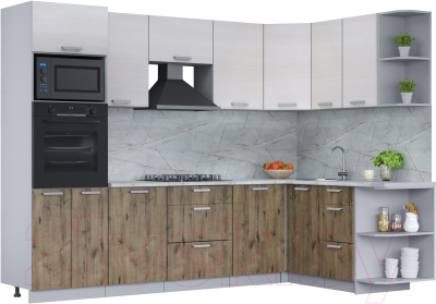 Кухонный гарнитур Интерлиния Мила Лайт 1.68x2.8 правая (вудлайн кремовый/дуб веллингтон/серый каспий) - фото