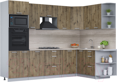 Кухонный гарнитур Интерлиния Мила Лайт 1.68x2.8 правая (дуб веллингтон/дуб веллингтон/травертин серый) - фото