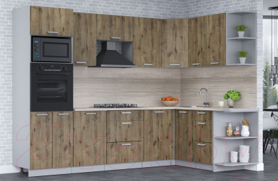 Кухонный гарнитур Интерлиния Мила Лайт 1.68x2.8 правая (дуб веллингтон/дуб веллингтон/травертин серый)