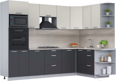 Кухонный гарнитур Интерлиния Мила Лайт 1.68x2.8 правая (персидский жемчуг/антрацит/травертин серый) - фото