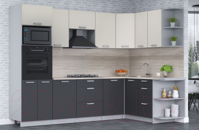 Кухонный гарнитур Интерлиния Мила Лайт 1.68x2.8 правая (персидский жемчуг/антрацит/травертин серый)