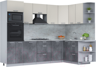 Кухонный гарнитур Интерлиния Мила Лайт 1.68x2.8 правая (персидский жемчуг/бетон портленд/серый каспий) - фото