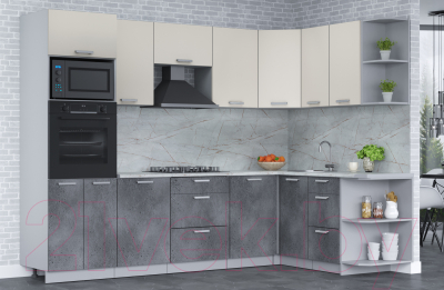 Кухонный гарнитур Интерлиния Мила Лайт 1.68x2.8 правая (персидский жемчуг/бетон портленд/серый каспий)