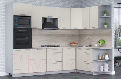 Кухонный гарнитур Интерлиния Мила Лайт 1.68x2.8 правая (персидский жемчуг/перс. жемчуг/травертин серый)