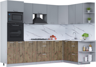 Кухонный гарнитур Интерлиния Мила Лайт 1.68x2.8 правая (серебро/дуб веллингтон/белый гранит) - фото