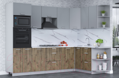 Кухонный гарнитур Интерлиния Мила Лайт 1.68x2.8 правая (серебро/дуб веллингтон/белый гранит)