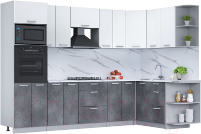 Кухонный гарнитур Интерлиния Мила Лайт 1.68x3.0 правая (белый платинум/бетон портленд/белый гранит) - фото