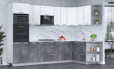 Кухонный гарнитур Интерлиния Мила Лайт 1.68x3.0 правая (белый платинум/бетон портленд/белый гранит)