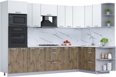 Кухонный гарнитур Интерлиния Мила Лайт 1.68x3.0 правая (белый платинум/дуб веллингтон/белый гранит) - фото