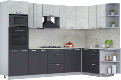 Кухонный гарнитур Интерлиния Мила Лайт 1.68x3.0 правая (бетон лайт/антрацит/опал светлый) - фото