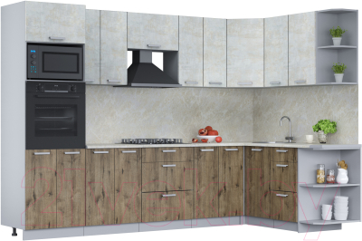 Кухонный гарнитур Интерлиния Мила Лайт 1.68x3.0 правая (бетон лайт/дуб веллингтон/опал светлый) - фото
