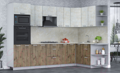 Кухонный гарнитур Интерлиния Мила Лайт 1.68x3.0 правая (бетон лайт/дуб веллингтон/опал светлый)