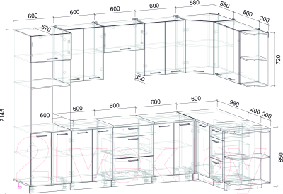 Кухонный гарнитур Интерлиния Мила Лайт 1.68x3.0 правая (бетон лайт/дуб веллингтон/опал светлый)