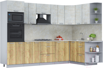 Кухонный гарнитур Интерлиния Мила Лайт 1.68x3.0 правая (бетон лайт/дуб золотой/опал светлый) - фото