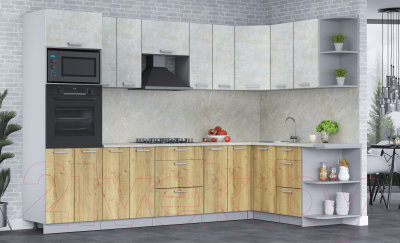 Кухонный гарнитур Интерлиния Мила Лайт 1.68x3.0 правая (бетон лайт/дуб золотой/опал светлый)