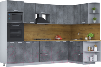 Кухонный гарнитур Интерлиния Мила Лайт 1.68x3.0 правая (бетон потленд/бетон портленд/дуб бунратти) - фото