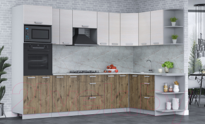 Кухонный гарнитур Интерлиния Мила Лайт 1.68x3.0 правая (вудлайн кремовый/дуб веллингтон/серый каспий)