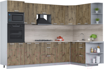 Кухонный гарнитур Интерлиния Мила Лайт 1.68x3.0 правая (дуб веллингтон/дуб веллингтон/травертин серый) - фото