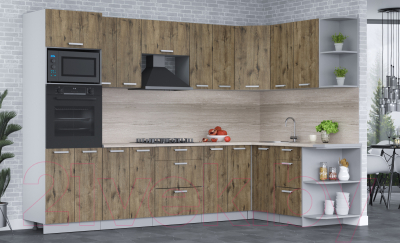 Кухонный гарнитур Интерлиния Мила Лайт 1.68x3.0 правая (дуб веллингтон/дуб веллингтон/травертин серый)