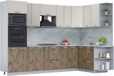 Кухонный гарнитур Интерлиния Мила Лайт 1.68x3.0 правая (персидский жемчуг/дуб веллингтон/серый каспий) - фото