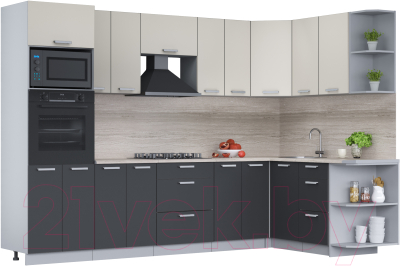 Кухонный гарнитур Интерлиния Мила Лайт 1.68x3.0 правая (персидский жемчуг/антрацит/травертин серый) - фото