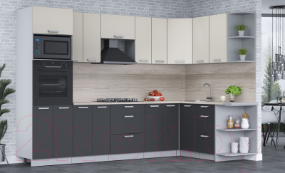 Кухонный гарнитур Интерлиния Мила Лайт 1.68x3.0 правая (персидский жемчуг/антрацит/травертин серый)