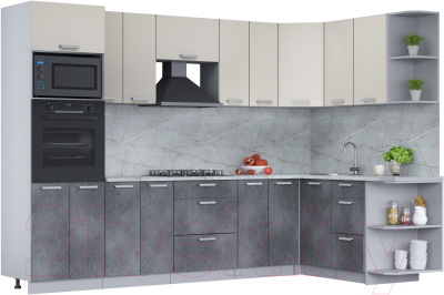 Кухонный гарнитур Интерлиния Мила Лайт 1.68x3.0 правая (персидский жемчуг/бетон портленд/серый каспий) - фото