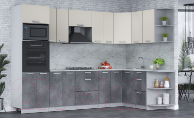 Кухонный гарнитур Интерлиния Мила Лайт 1.68x3.0 правая (персидский жемчуг/бетон портленд/серый каспий)