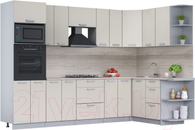 Кухонный гарнитур Интерлиния Мила Лайт 1.68x3.0 правая (персидский жемчуг/перс. жемчуг/травертин серый) - фото