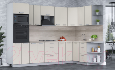 Кухонный гарнитур Интерлиния Мила Лайт 1.68x3.0 правая (персидский жемчуг/перс. жемчуг/травертин серый)