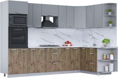 Кухонный гарнитур Интерлиния Мила Лайт 1.68x3.0 правая (серебро/дуб веллингтон/белый гранит) - фото
