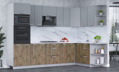 Кухонный гарнитур Интерлиния Мила Лайт 1.68x3.0 правая (серебро/дуб веллингтон/белый гранит)