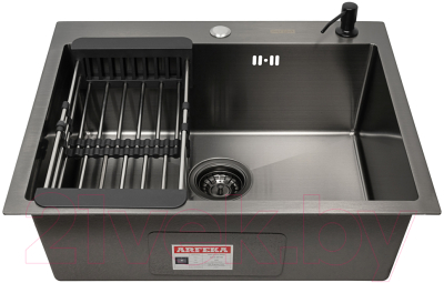Мойка кухонная Arfeka Eco AR 60x50 + CL AR + DS AR (Black Decor, с дозатором и коландером) - фото