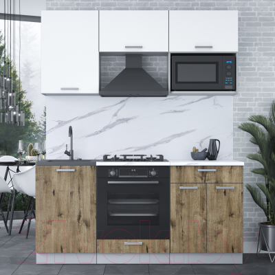 Кухонный гарнитур Интерлиния Мила Лайт 1.7 ВТ (белый платинум/дуб веллингтон/белый гранит)