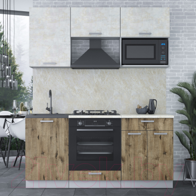 Кухонный гарнитур Интерлиния Мила Лайт 1.7 ВТ (бетон лайт/дуб веллингтон/опал светлый)