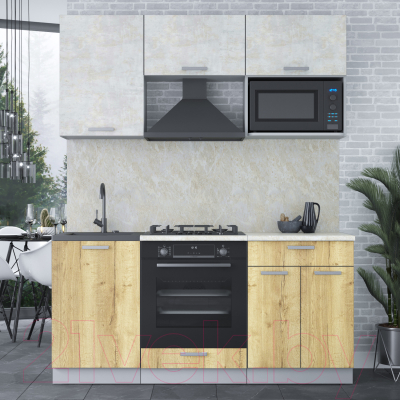 Кухонный гарнитур Интерлиния Мила Лайт 1.7 ВТ (бетон лайт/дуб золотой/опал светлый)