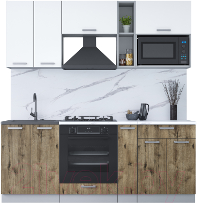 Кухонный гарнитур Интерлиния Мила Лайт 2.0 ВТ (белый платинум/дуб веллингтон/белый гранит) - фото