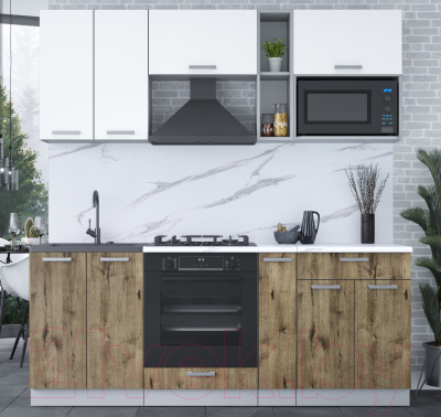 Кухонный гарнитур Интерлиния Мила Лайт 2.0 ВТ (белый платинум/дуб веллингтон/белый гранит)