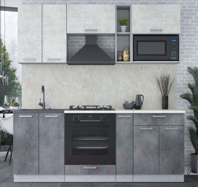 Кухонный гарнитур Интерлиния Мила Лайт 2.0 ВТ (бетон лайт/бетон портленд/опал светлый)