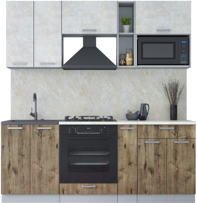 Кухонный гарнитур Интерлиния Мила Лайт 2.0 ВТ (бетон лайт/дуб веллингтон/опал светлый) - фото